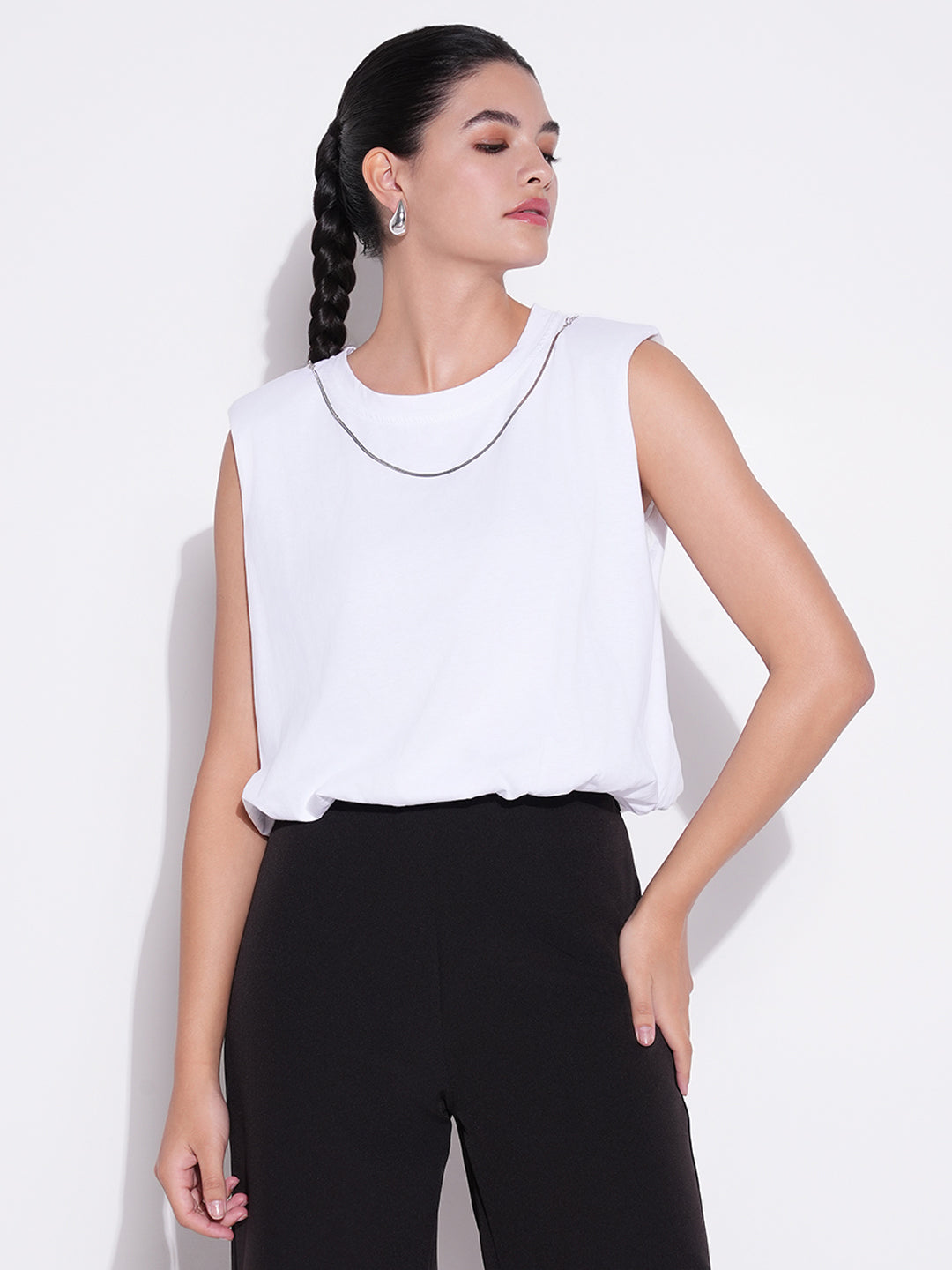 Women White Solid Top with Chain