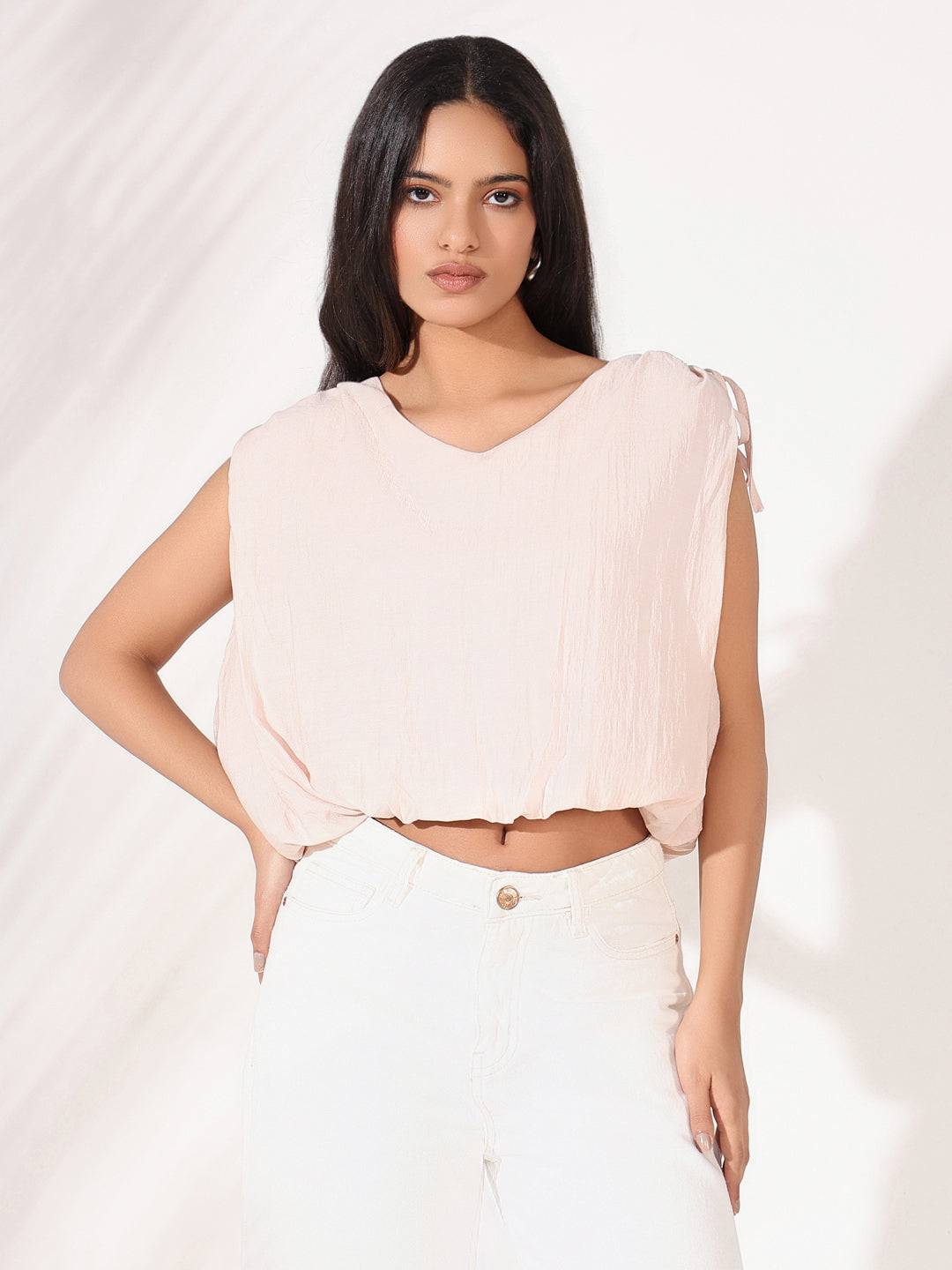 Women Pink Solid Blouson Crop Top