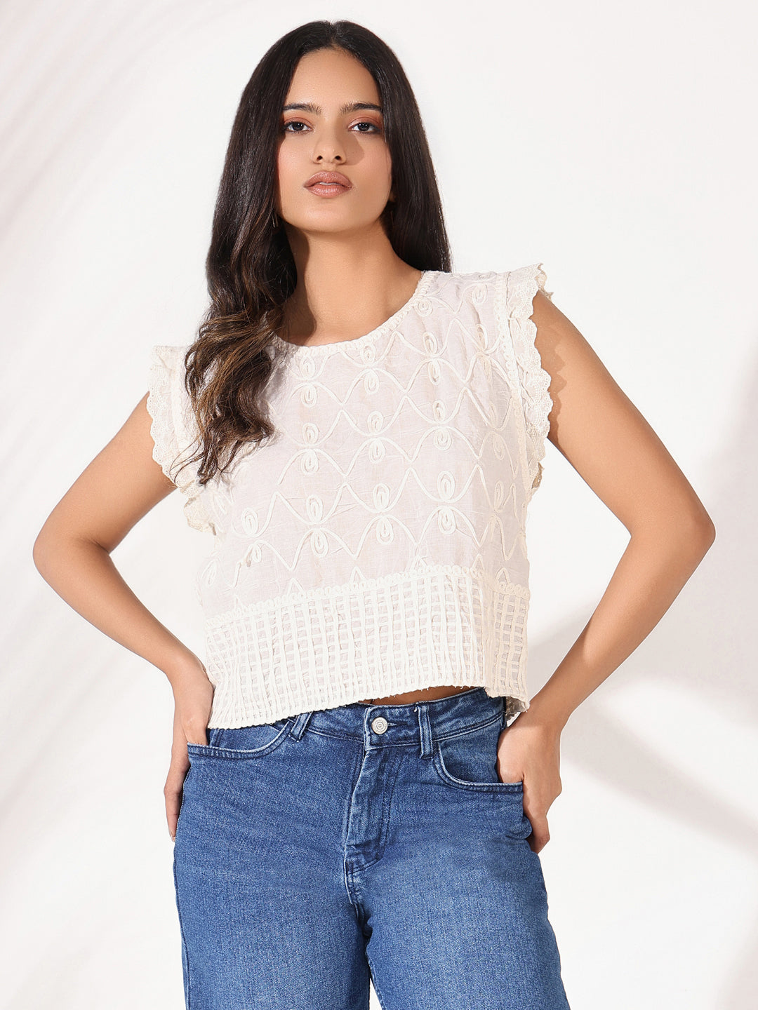 Women Cream Solid Crop Top