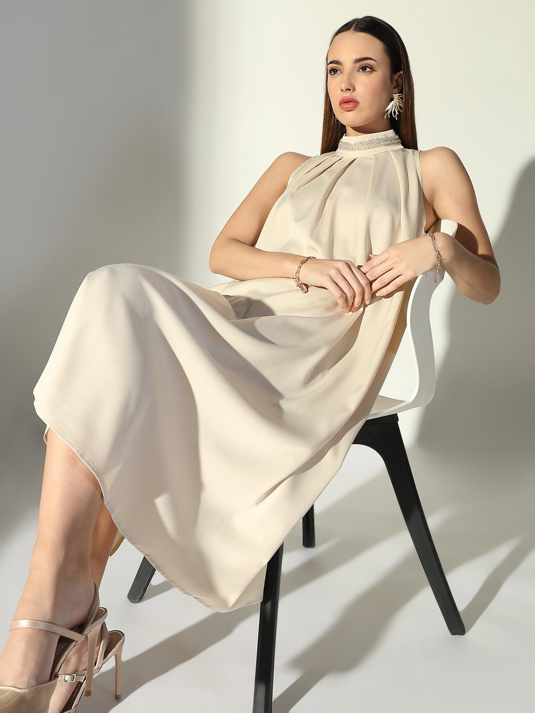 Women Beige Solid A Line Dress