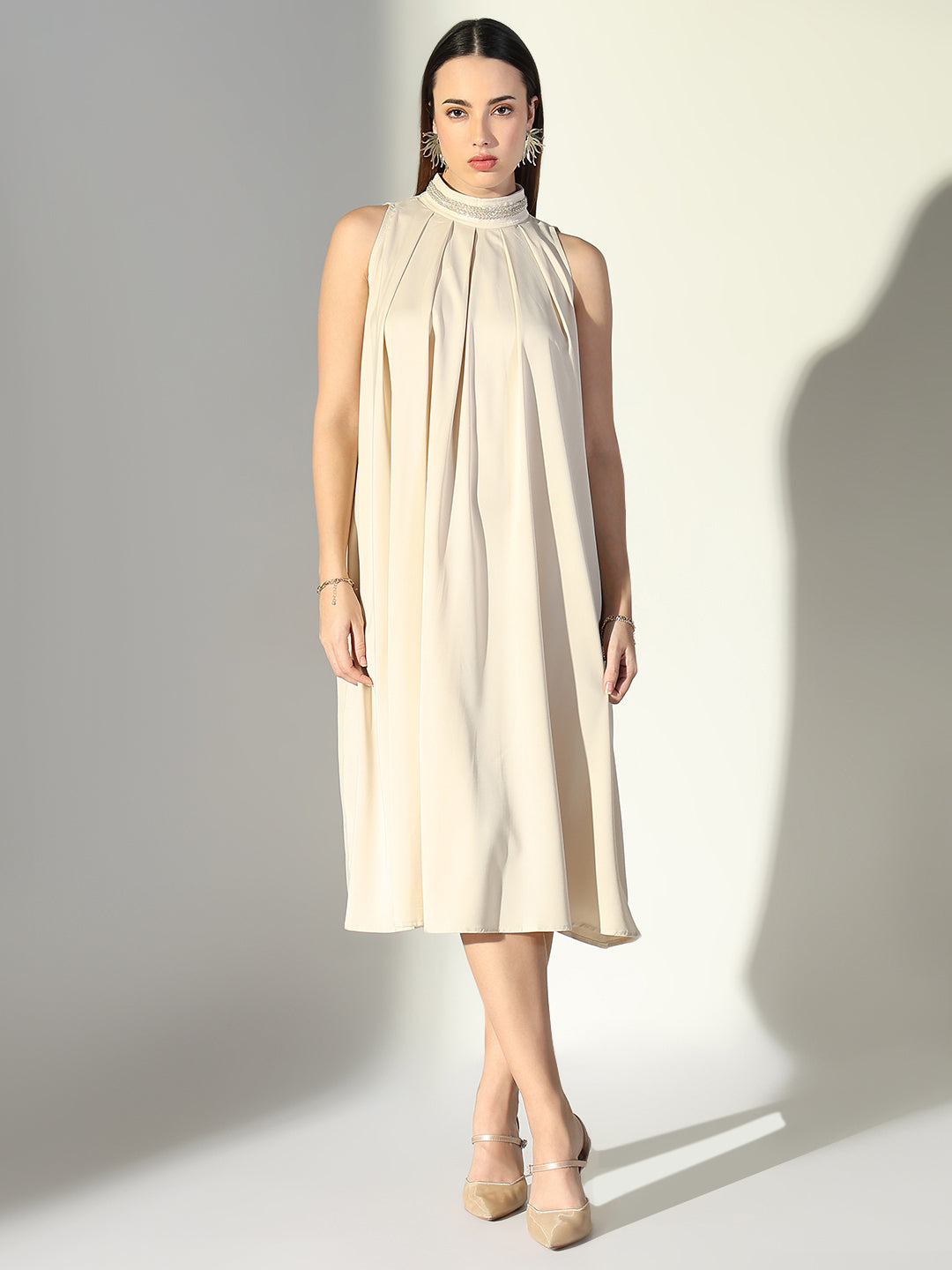 Women Beige Solid A Line Dress