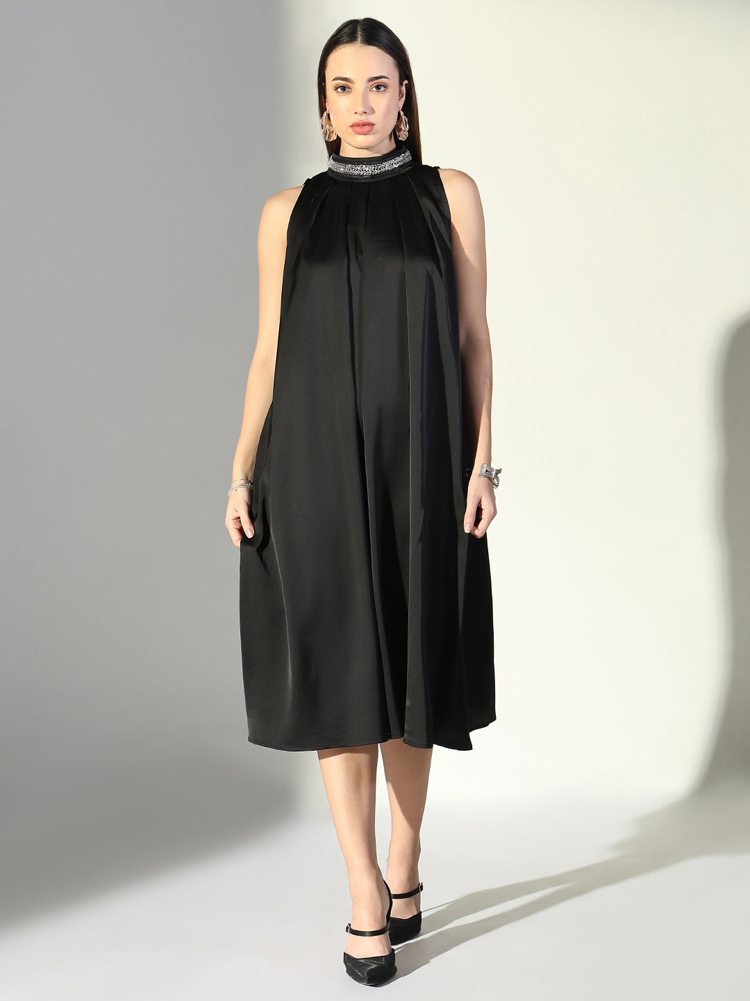 Women Black Solid A Line Dress