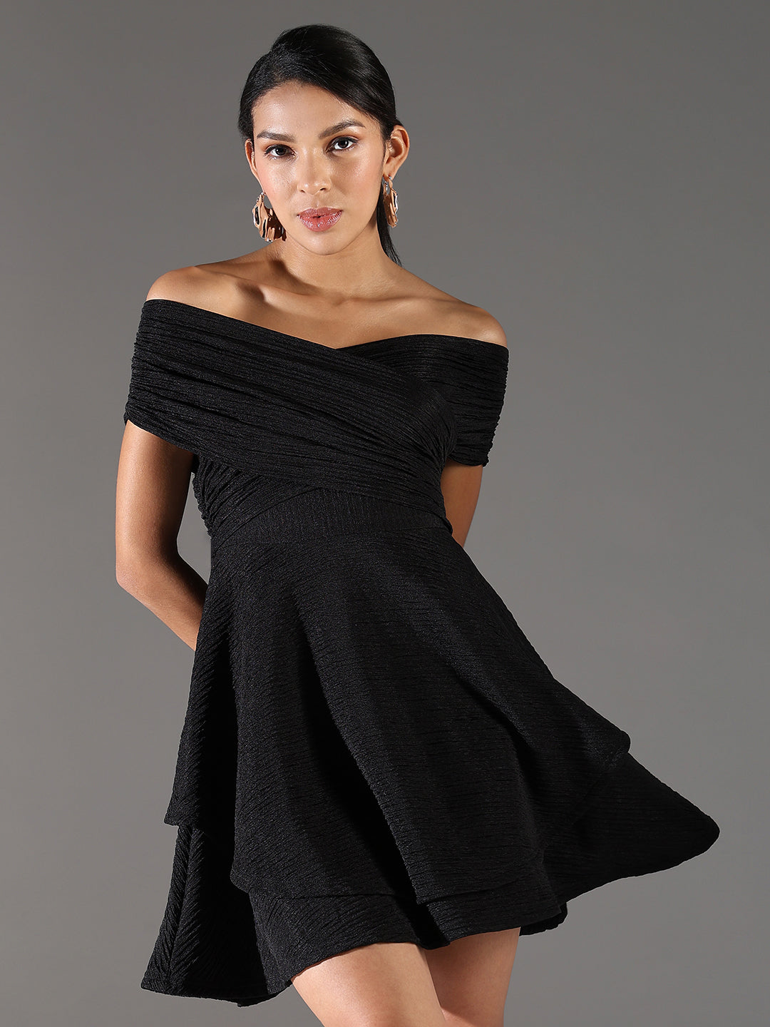 Women Black Solid Fit and Flare Dress