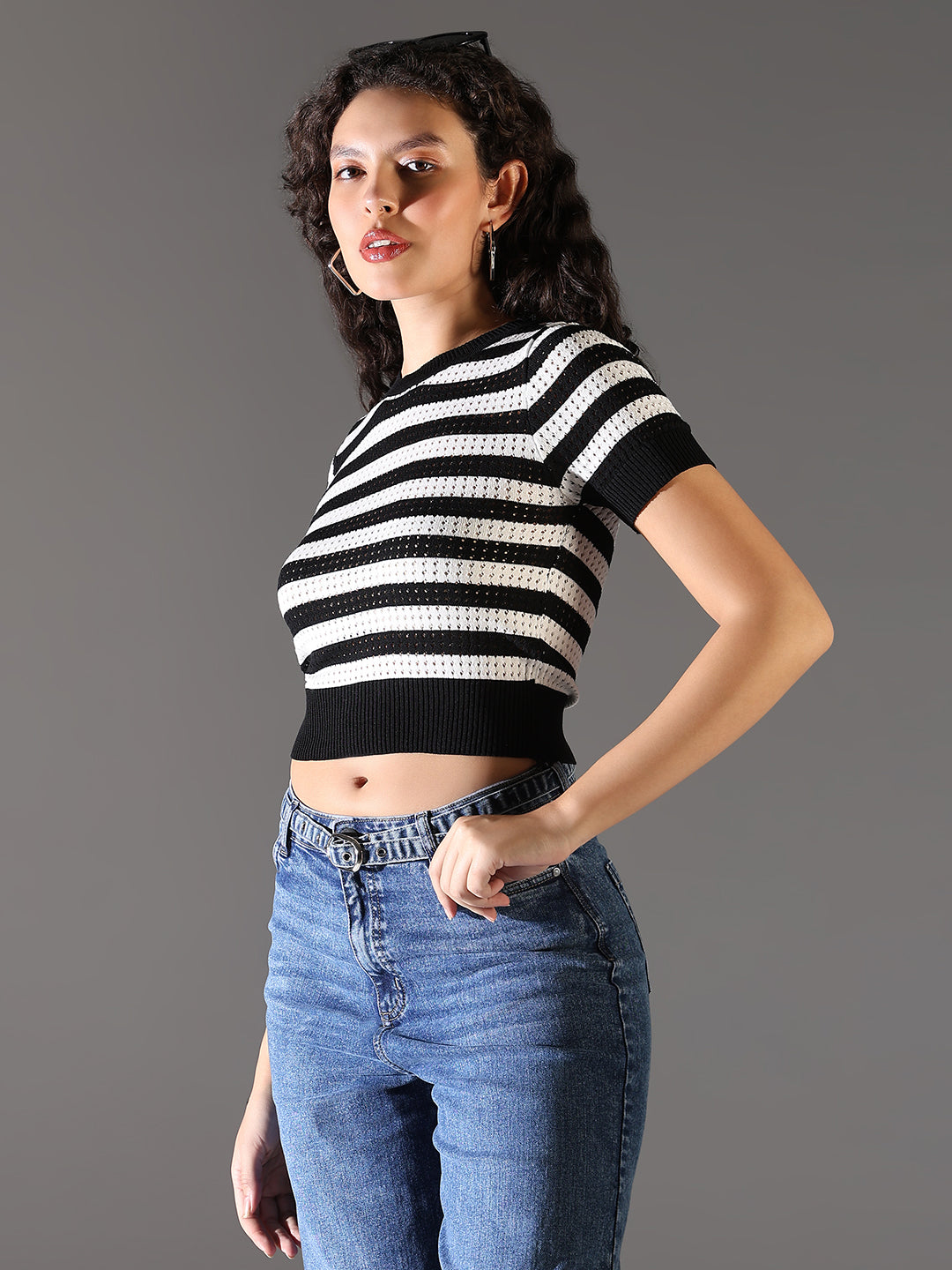 Women Black Striped Crop Top