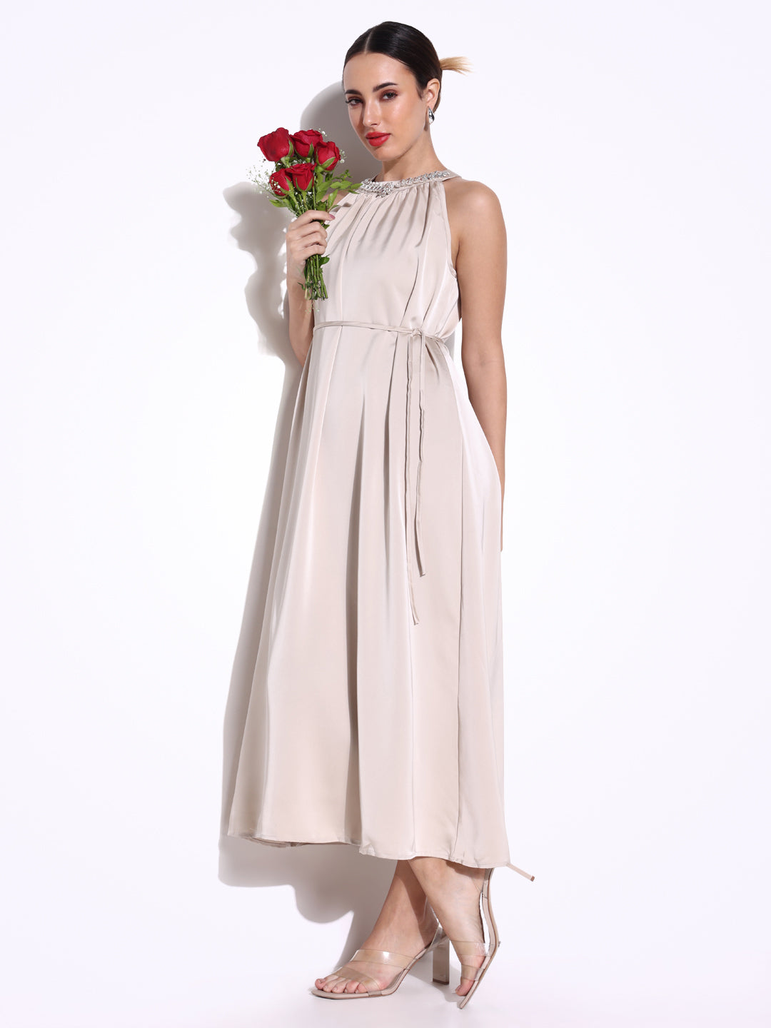 Women Solid Cream Sheath Dress