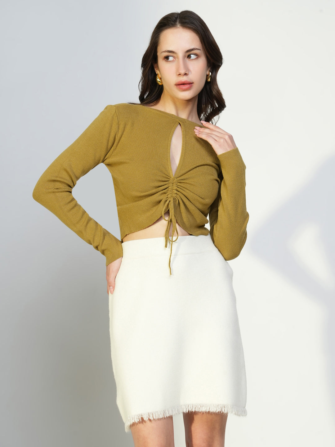 Women Olive Solid Ruched Crop Top