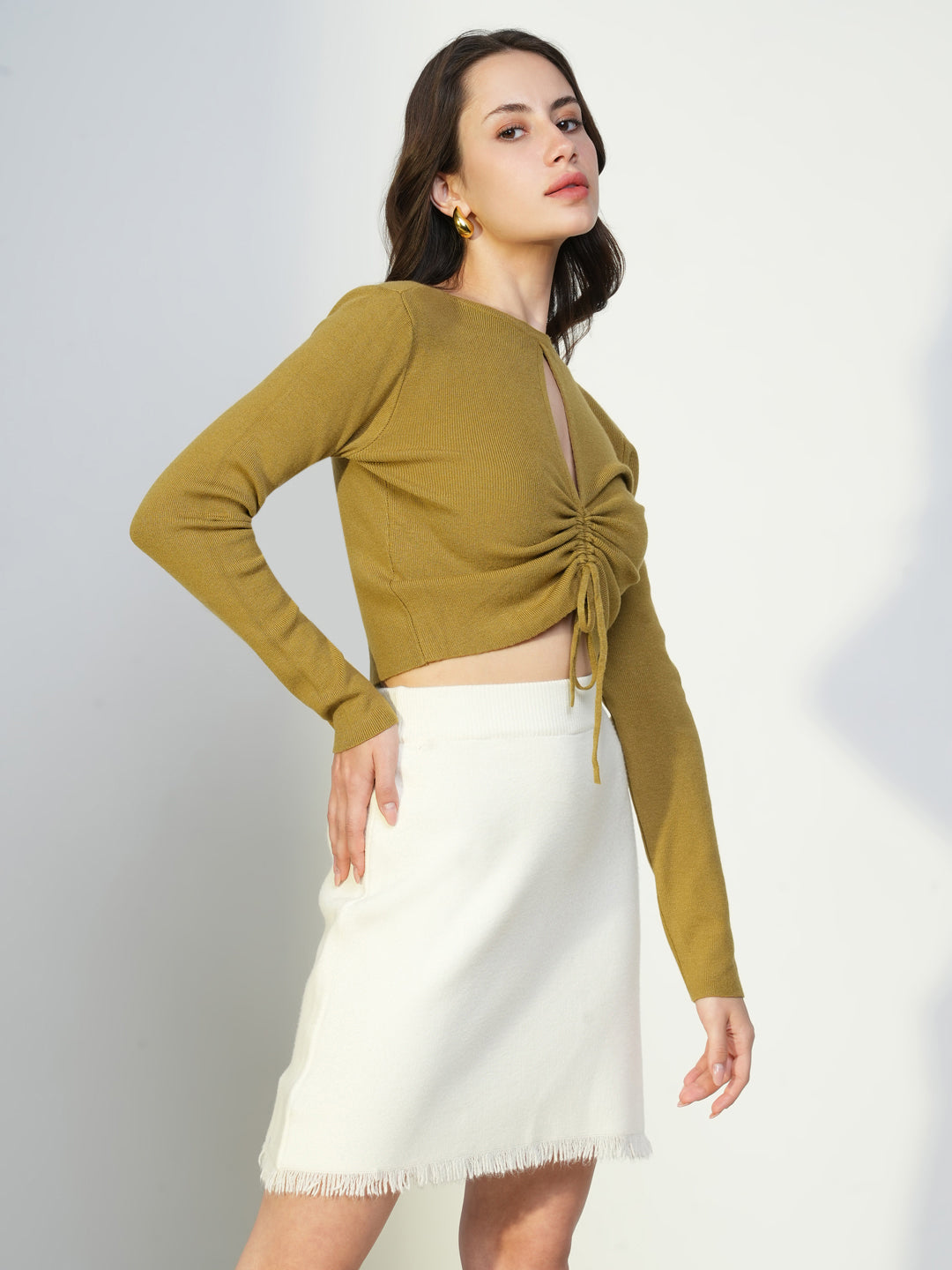 Women Olive Solid Ruched Crop Top