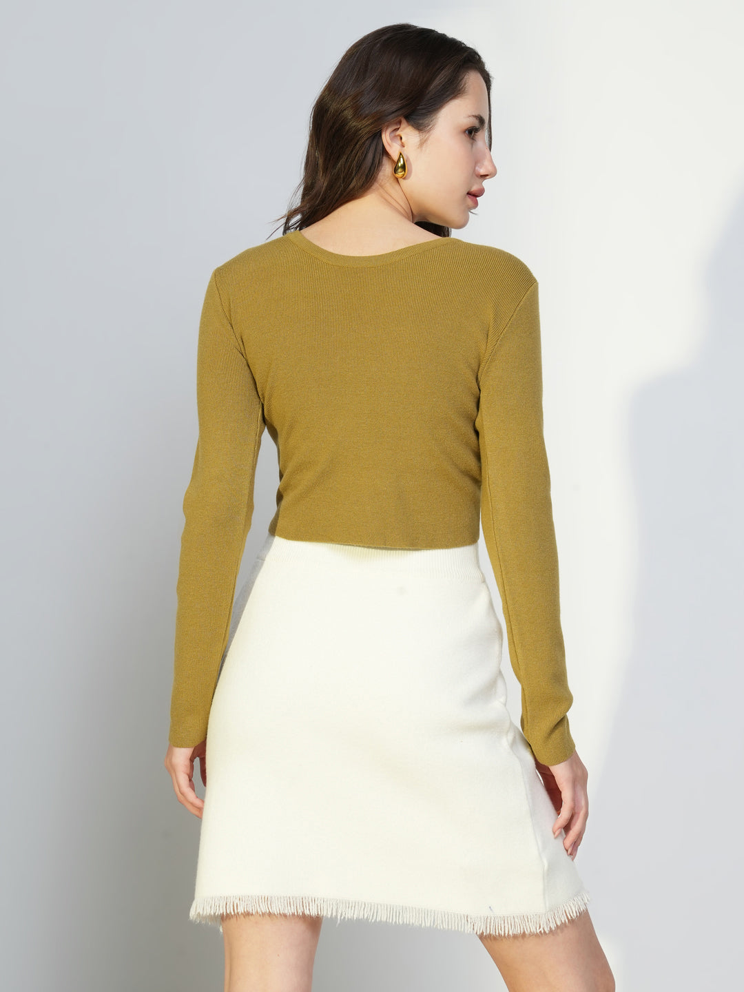 Women Olive Solid Ruched Crop Top