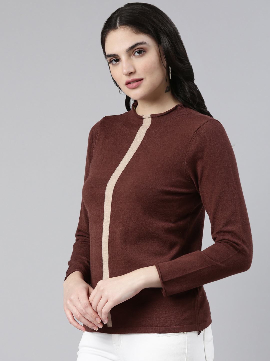 Women High Neck Solid Coffee Brown Top