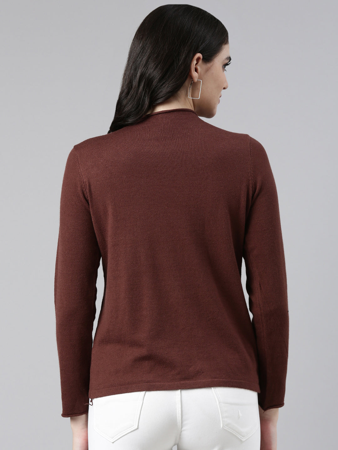 Women High Neck Solid Coffee Brown Top