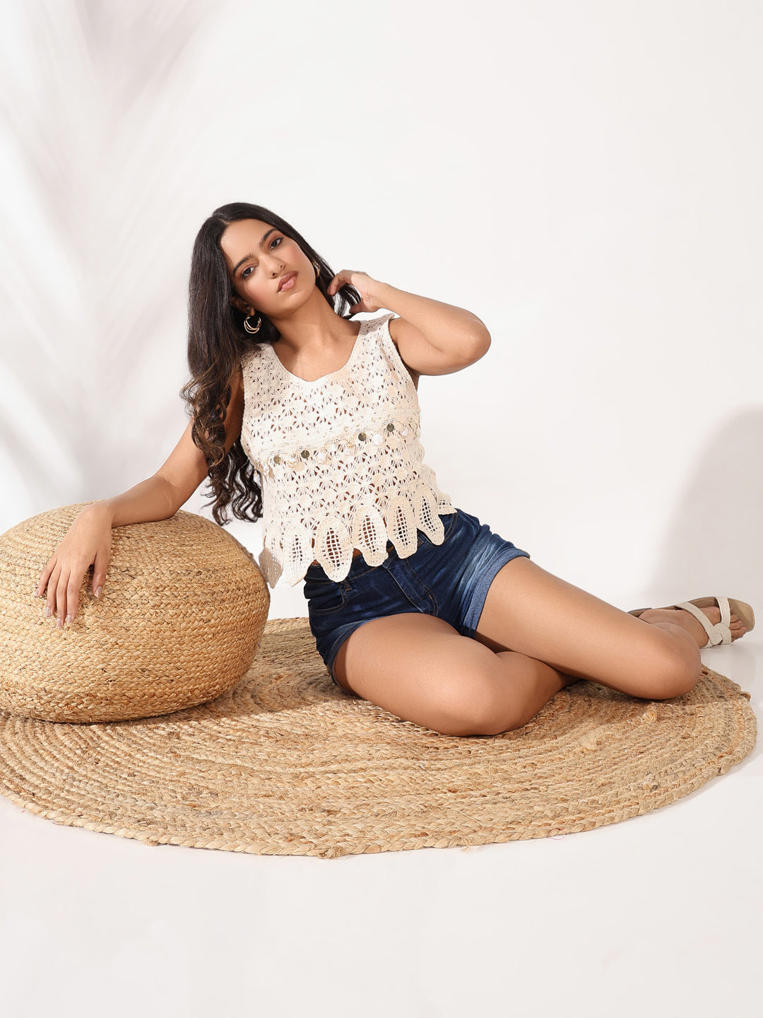 Women Cream Solid Crochet Crop Top