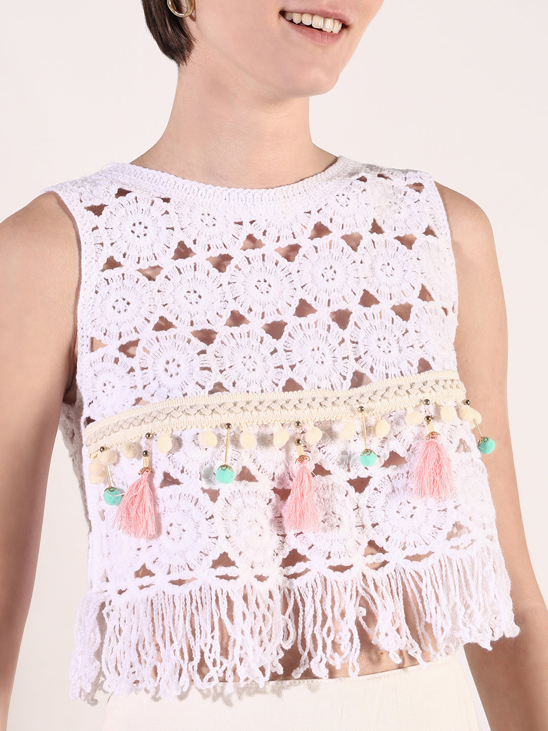 Women White Solid Crochet Crop Top