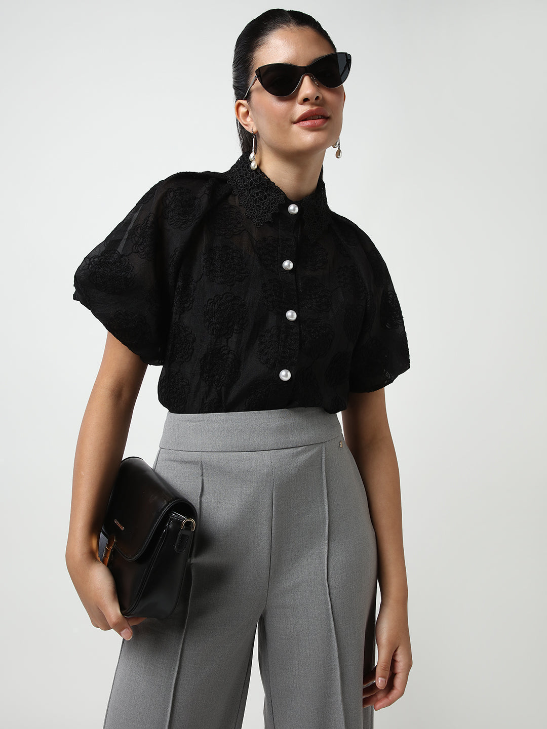 Women Black Solid Shirt with Inner Slip