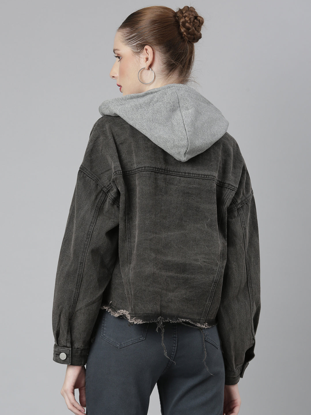 Women Charcoal Solid Denim Jacket