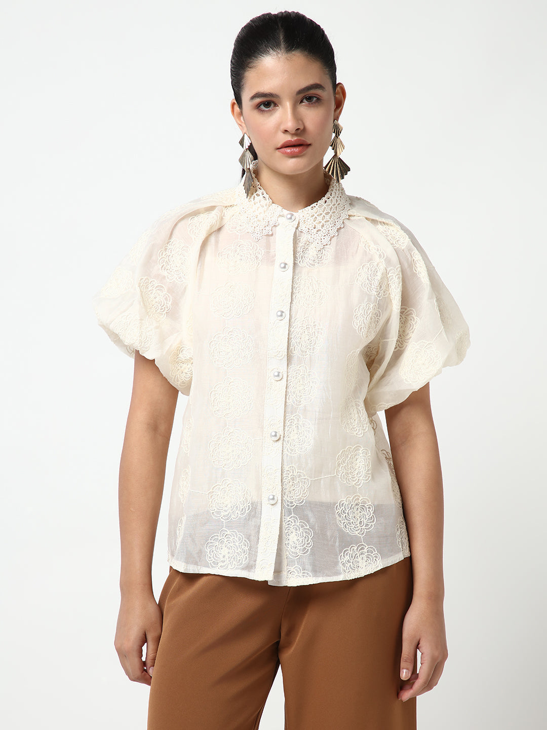 Women Cream Solid Shirt with Inner Slip