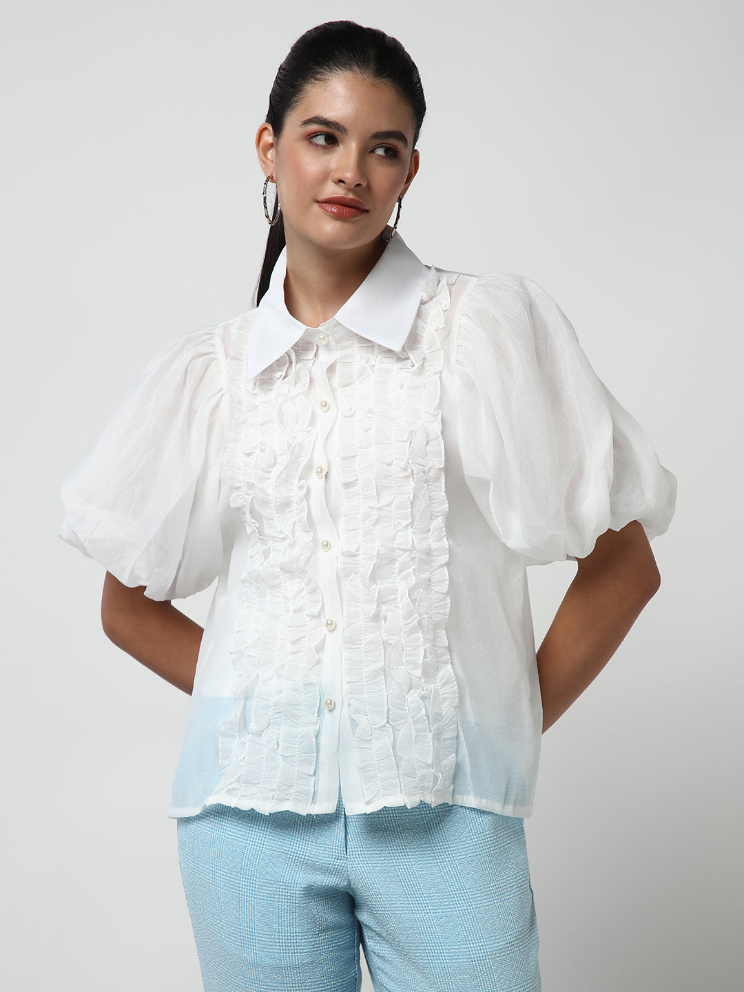 Women White Solid Shirt with Inner Slip