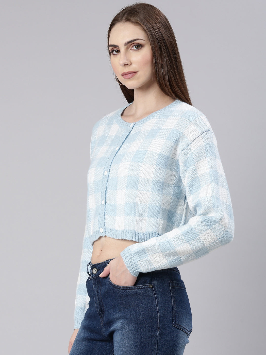 Women Blue Checked Cardigan