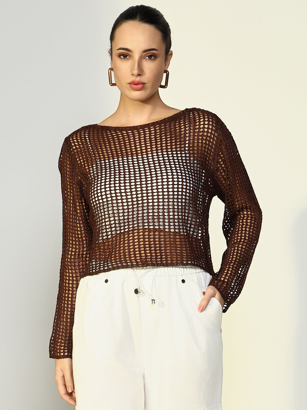 Women Solid Coffee Brown Crochet Top with Slip