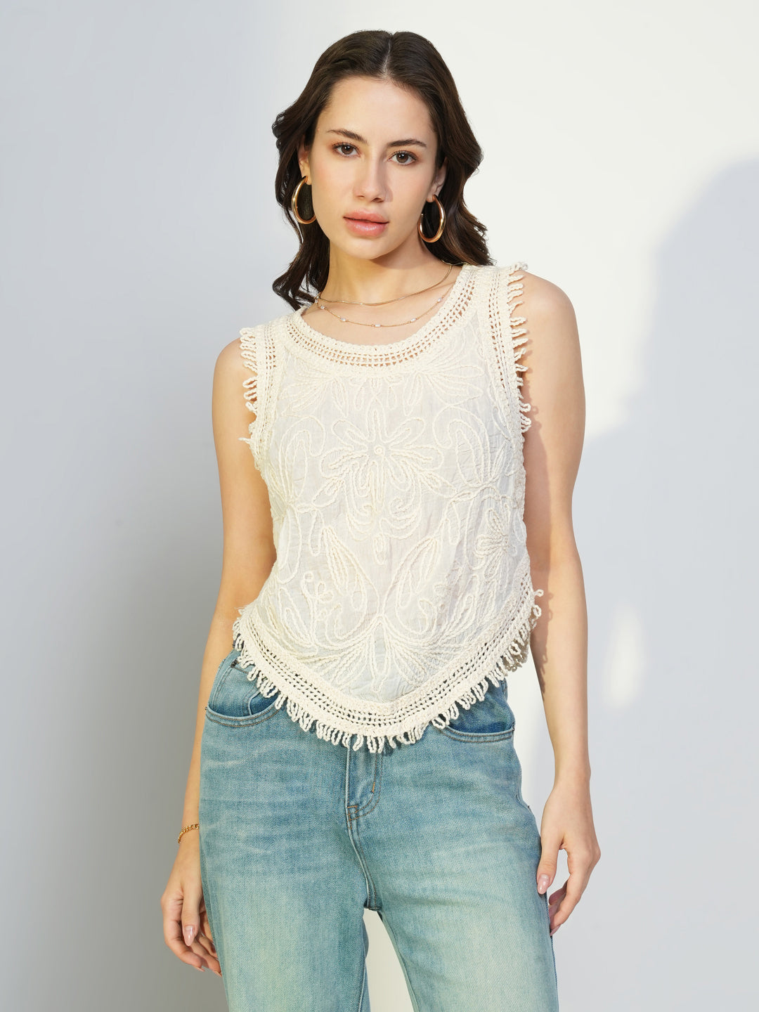 Women Cream Embroidered Top