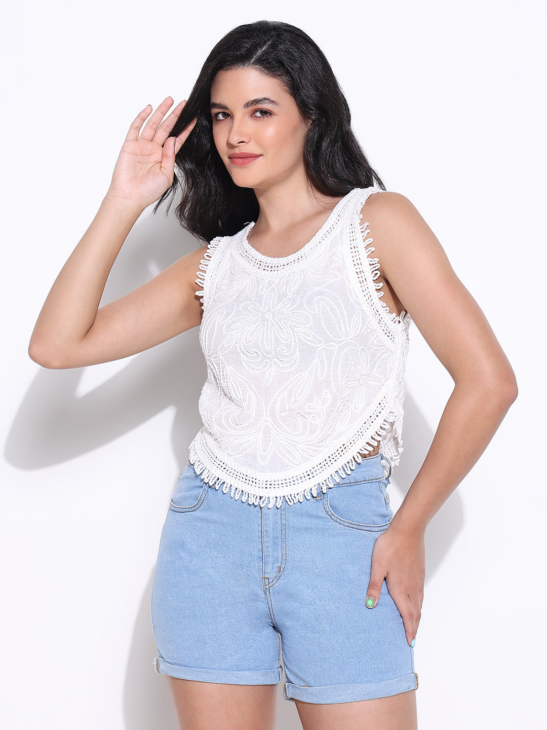 Women White Embroidered Top