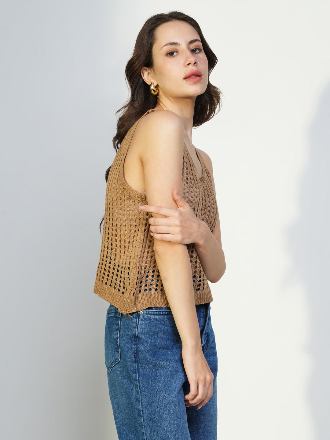 Women Brown Solid Crochet Crop Top with Shrug