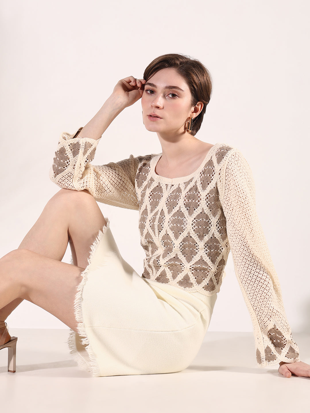 Women Beige Solid Crochet Top