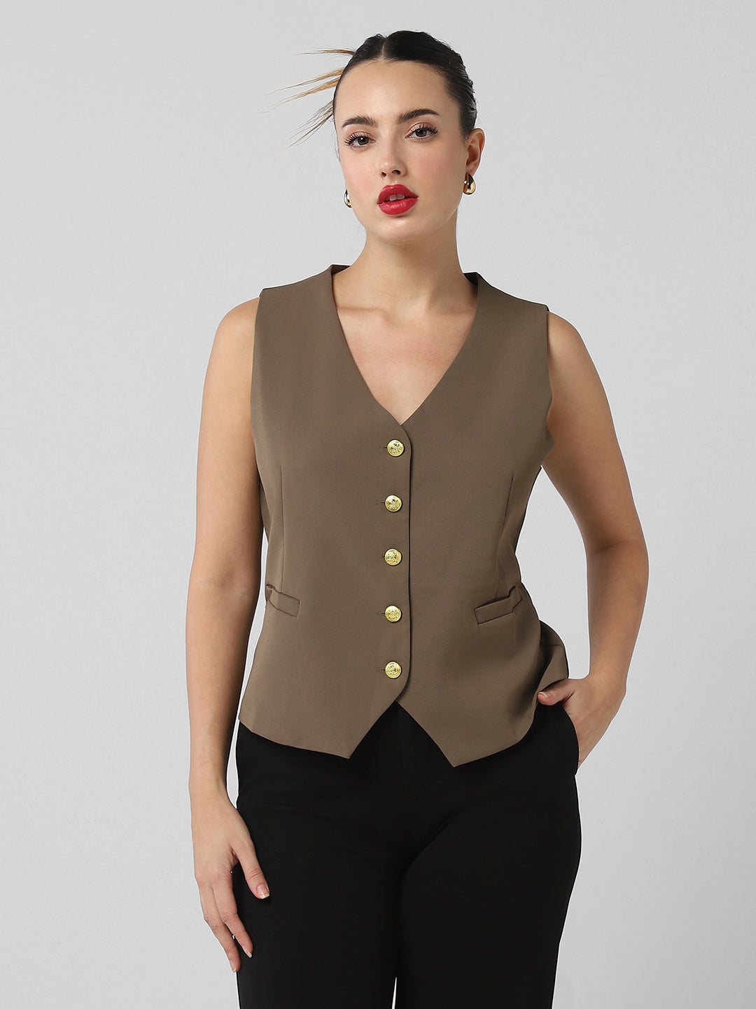 Women Brown Solid Vest Crop Top