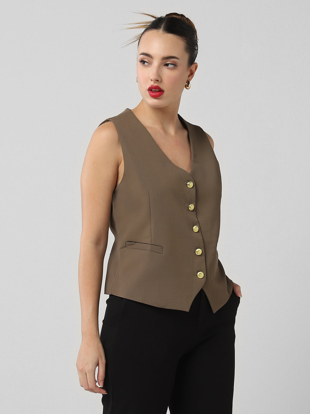 Women Brown Solid Vest Crop Top