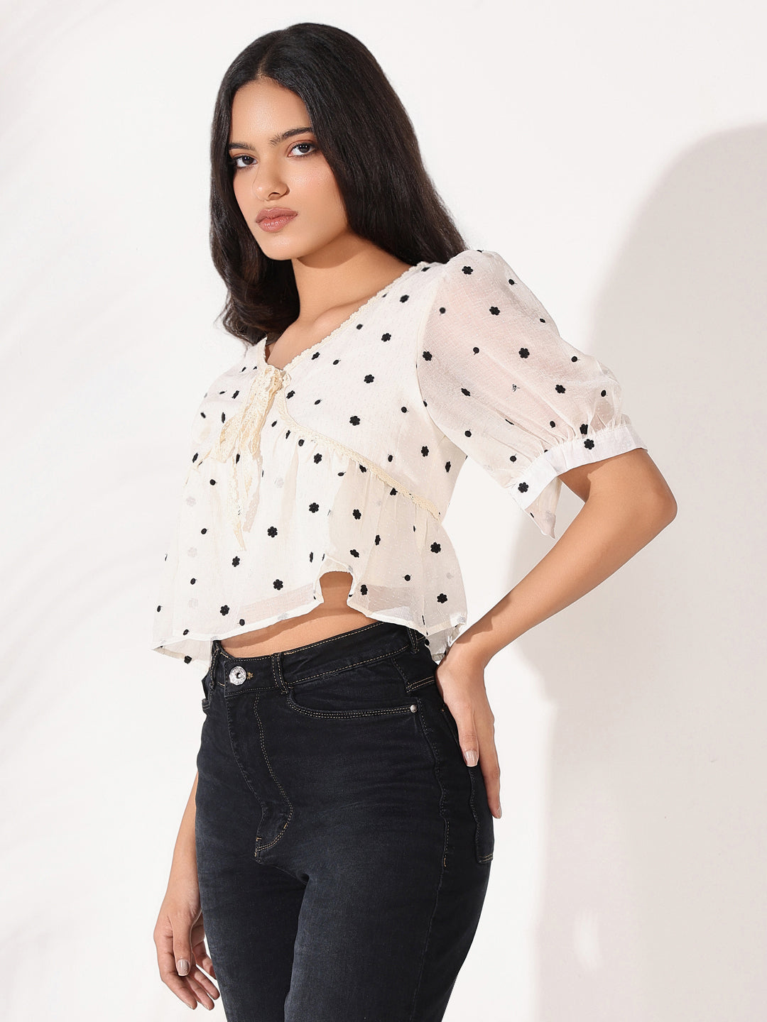 Women Cream Floral Peplum Crop Top