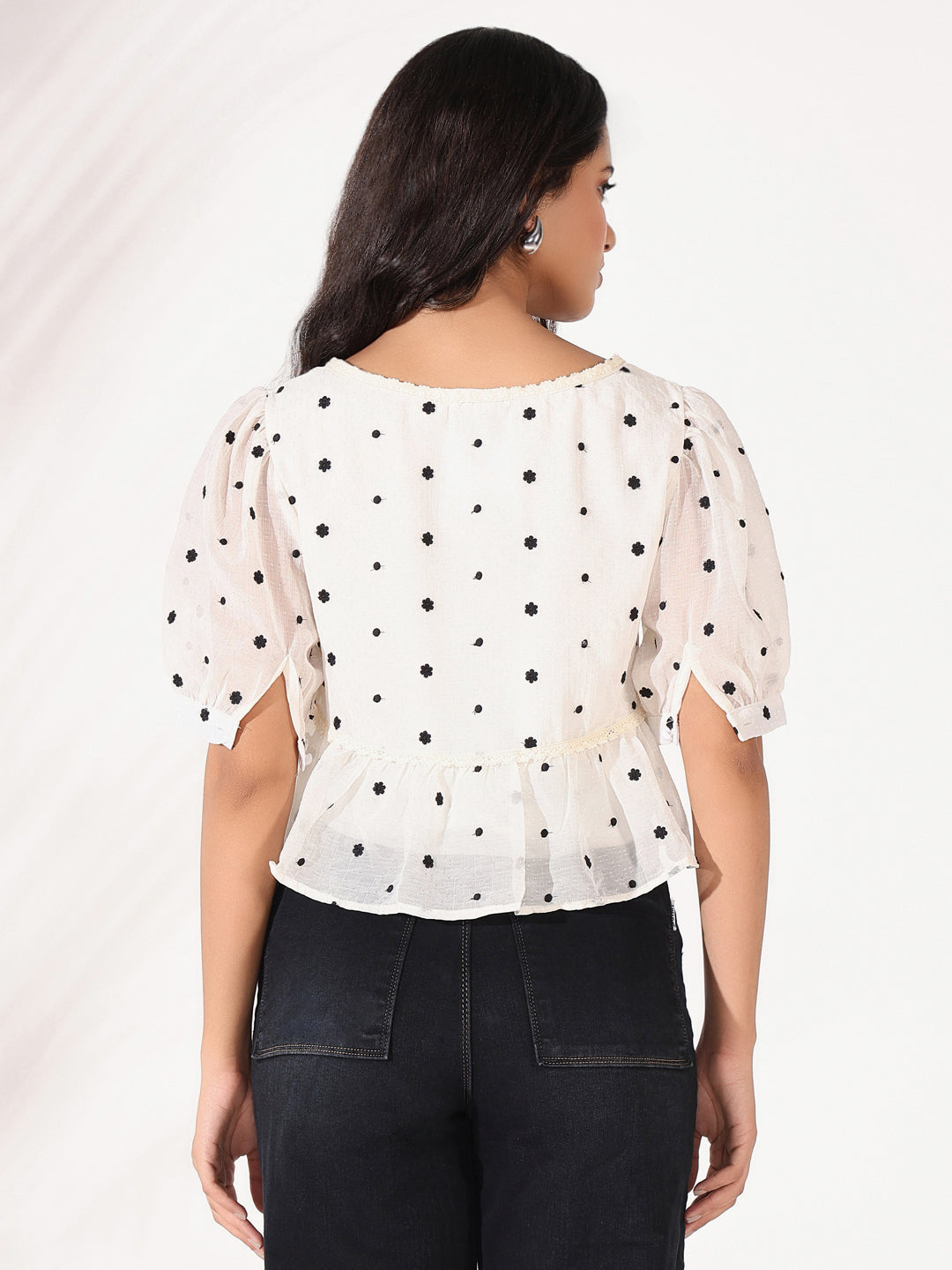 Women Cream Floral Peplum Crop Top