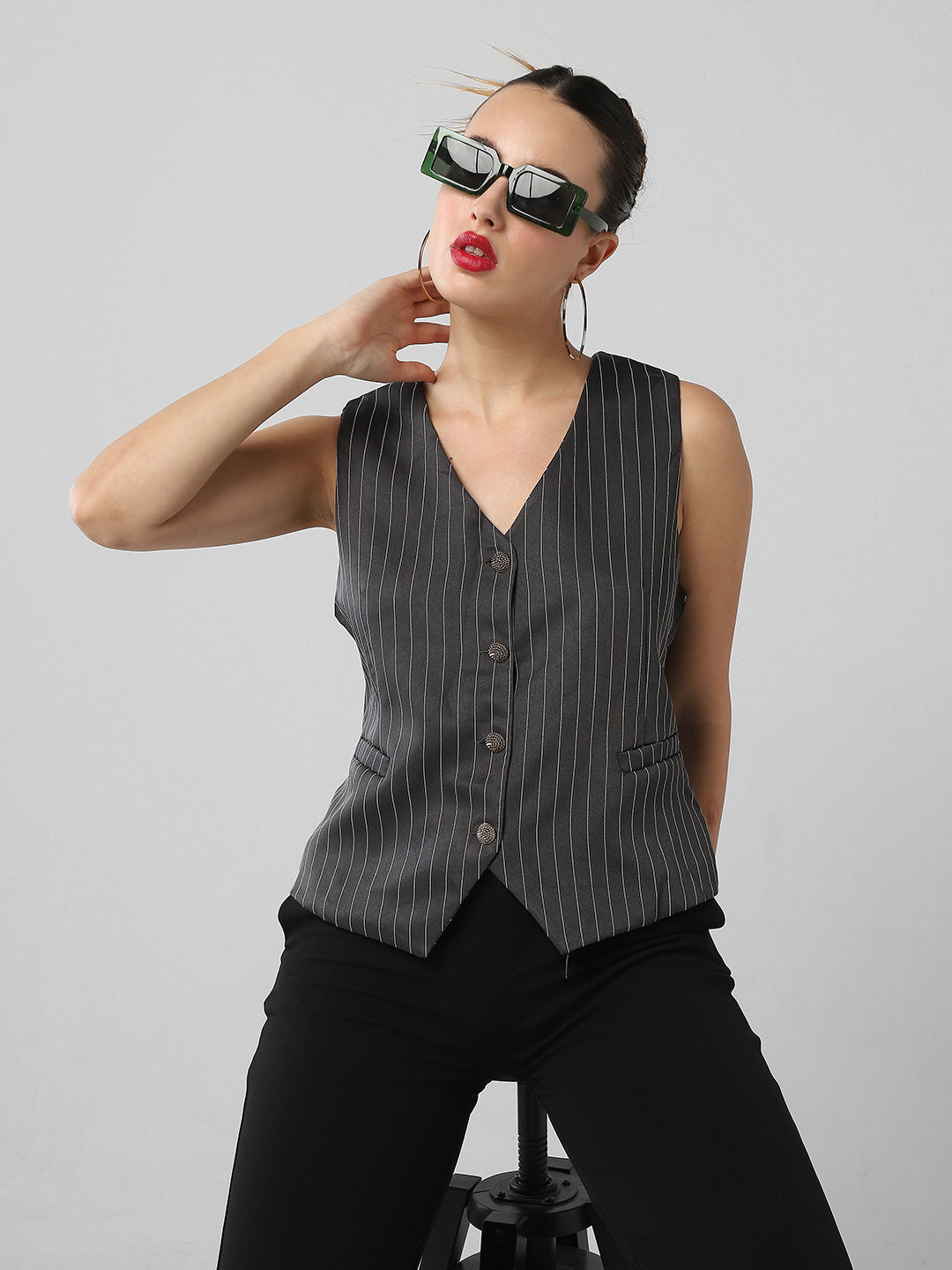 Women Grey Striped Vest Top