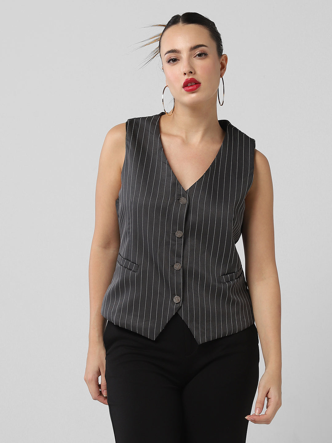 Women Grey Striped Vest Top