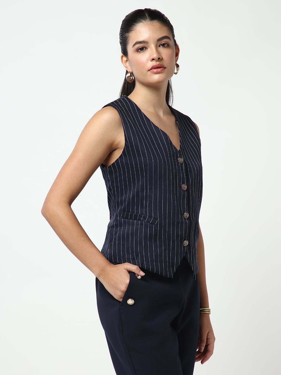 Women Navy Blue Striped Vest Top