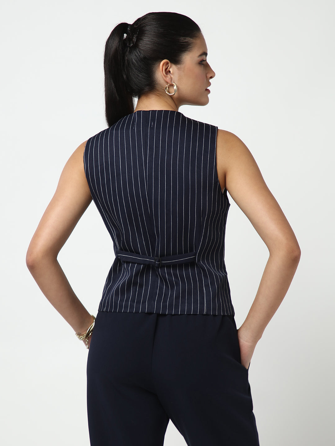 Women Navy Blue Striped Vest Top