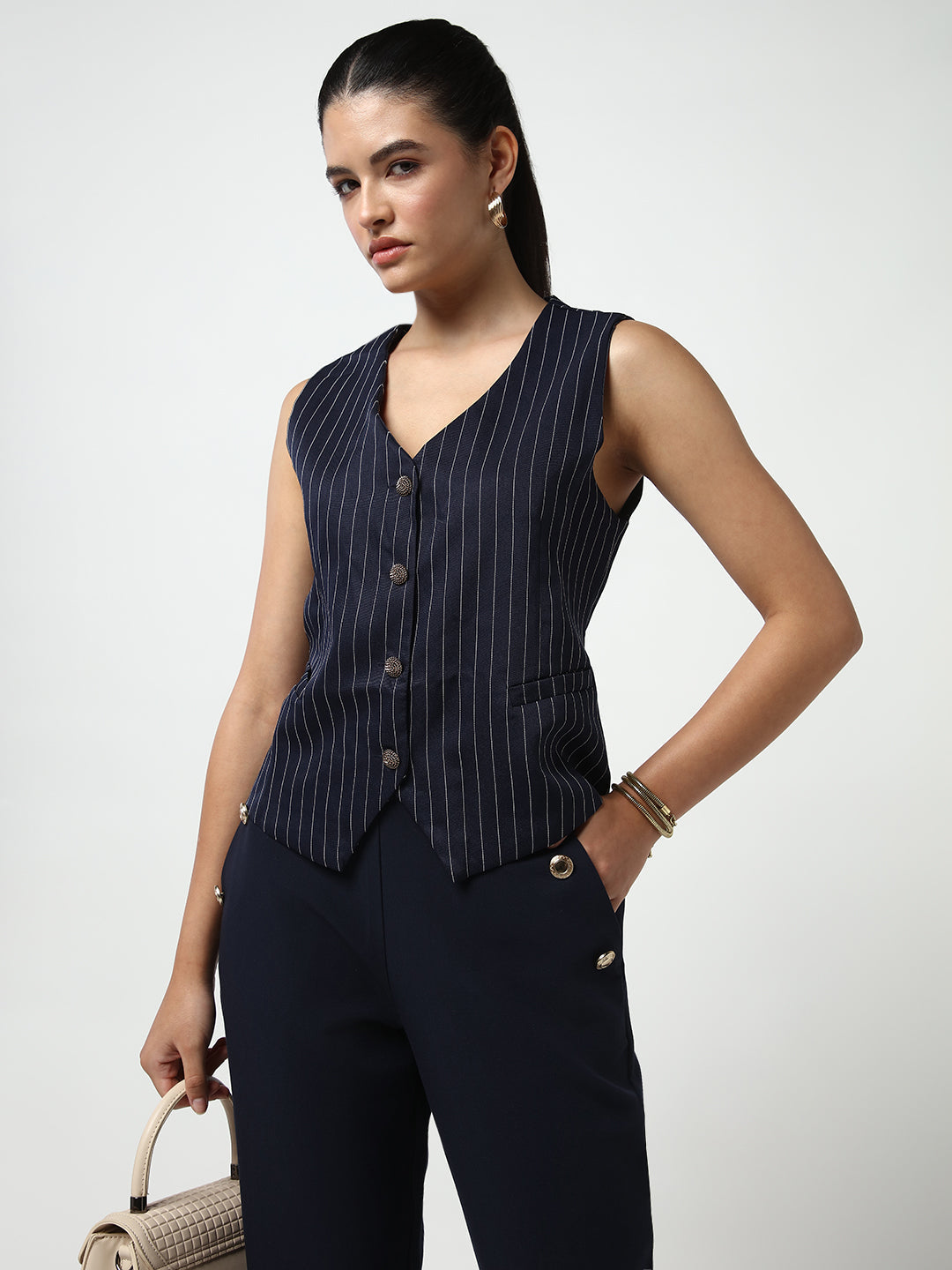 Women Navy Blue Striped Vest Top