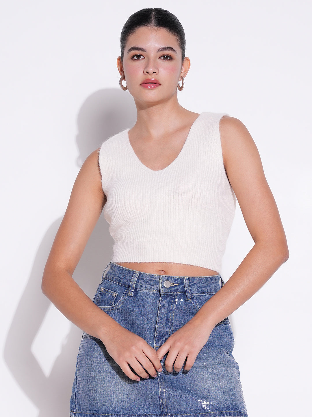 Women Cream Solid Crop Top