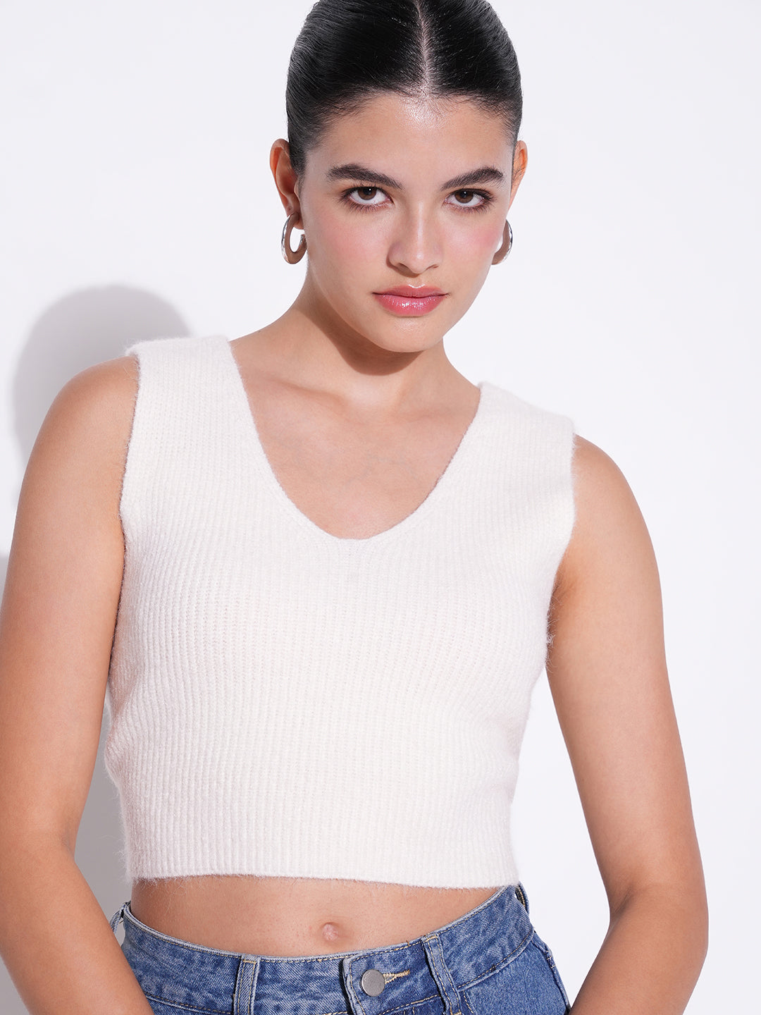 Women Cream Solid Crop Top