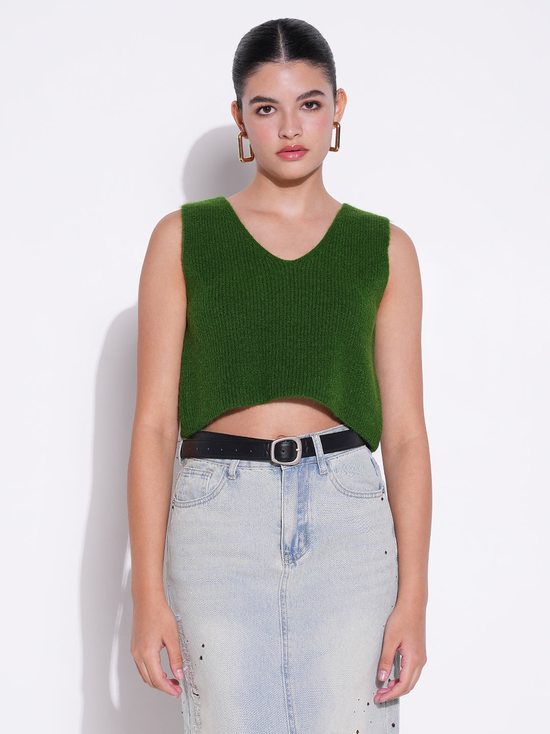 Women Green Solid Crop Top