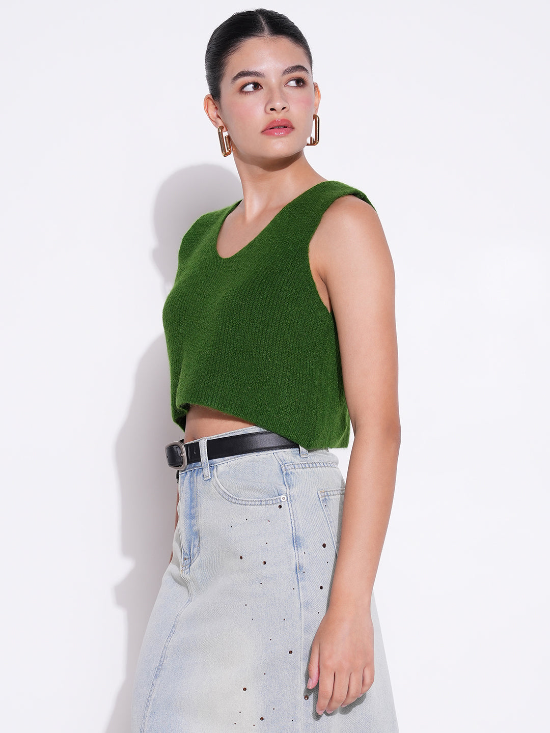 Women Green Solid Crop Top