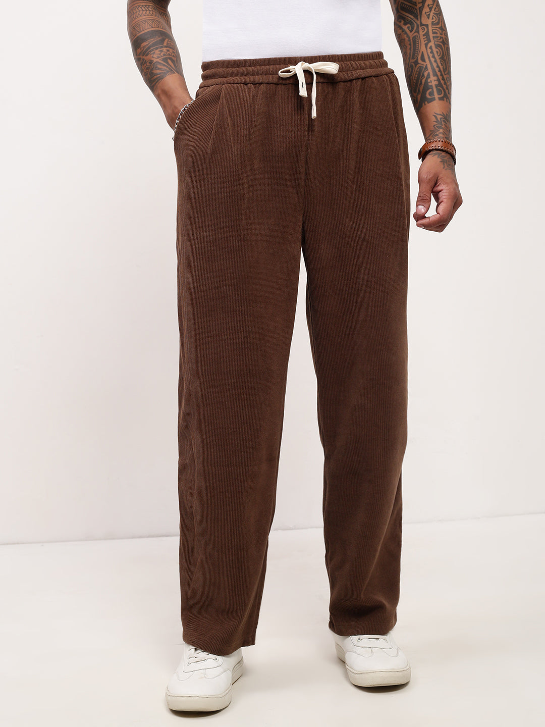 Men Brown Solid Straight Fit Trousers