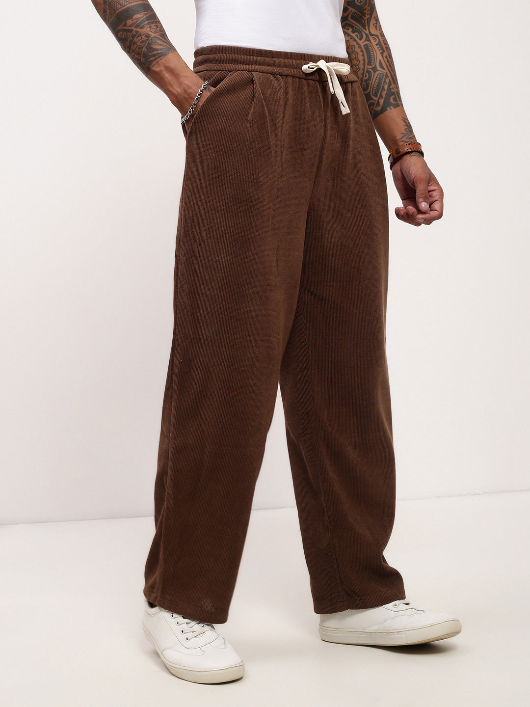 Men Brown Solid Straight Fit Trousers