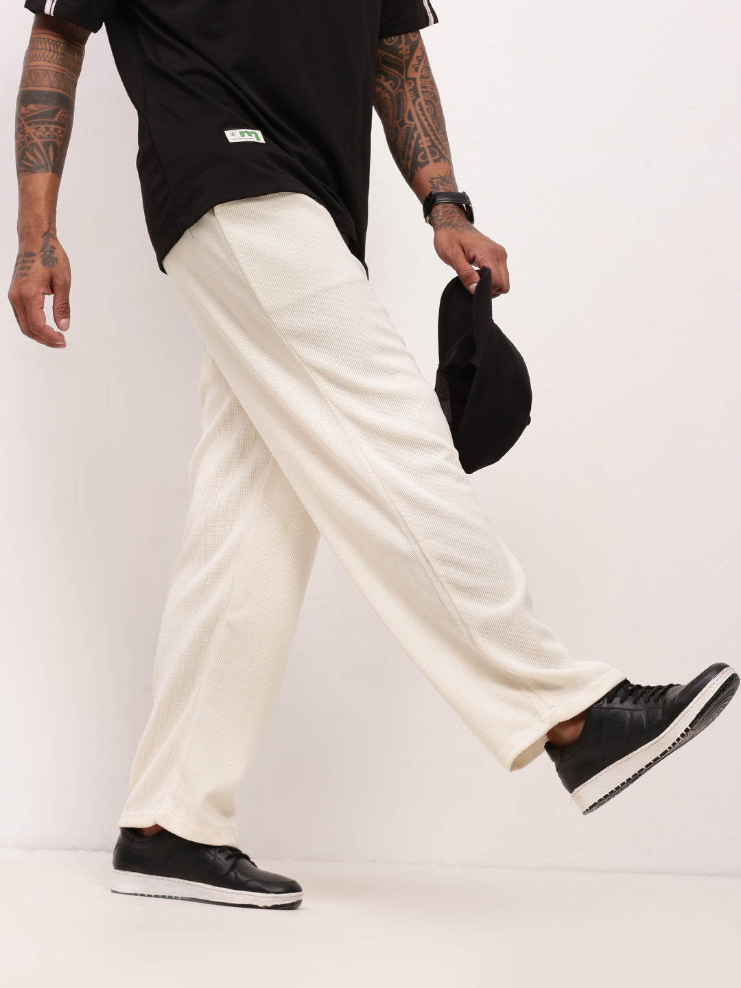 Men Cream Solid Straight Fit Trousers