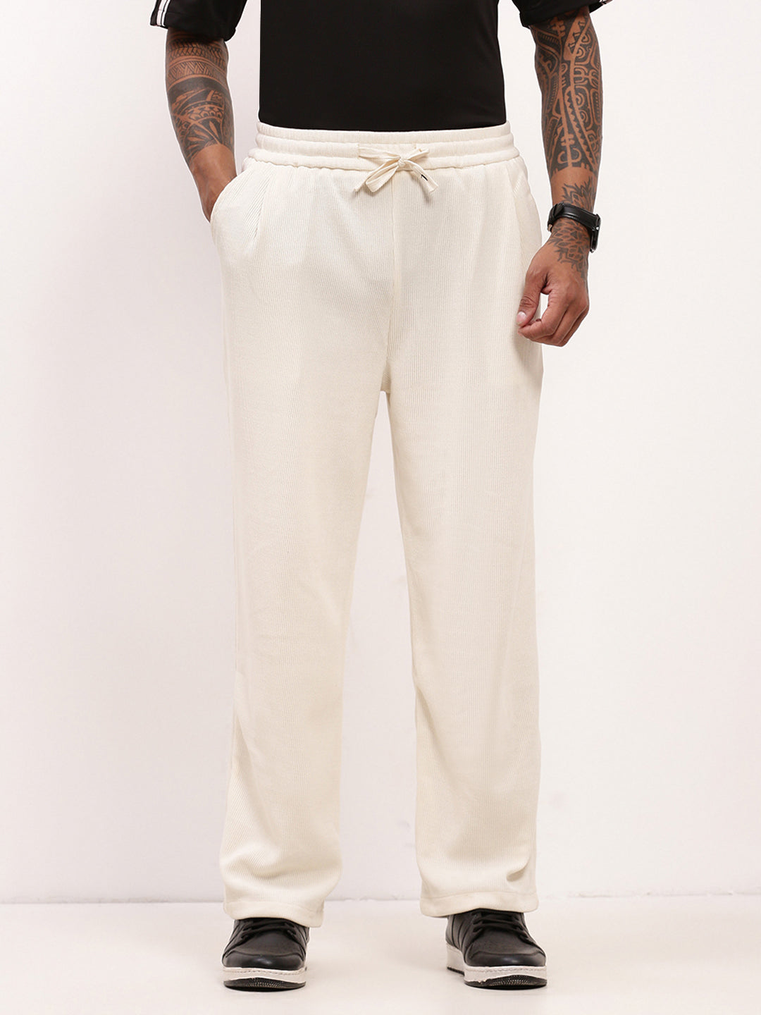 Men Cream Solid Straight Fit Trousers