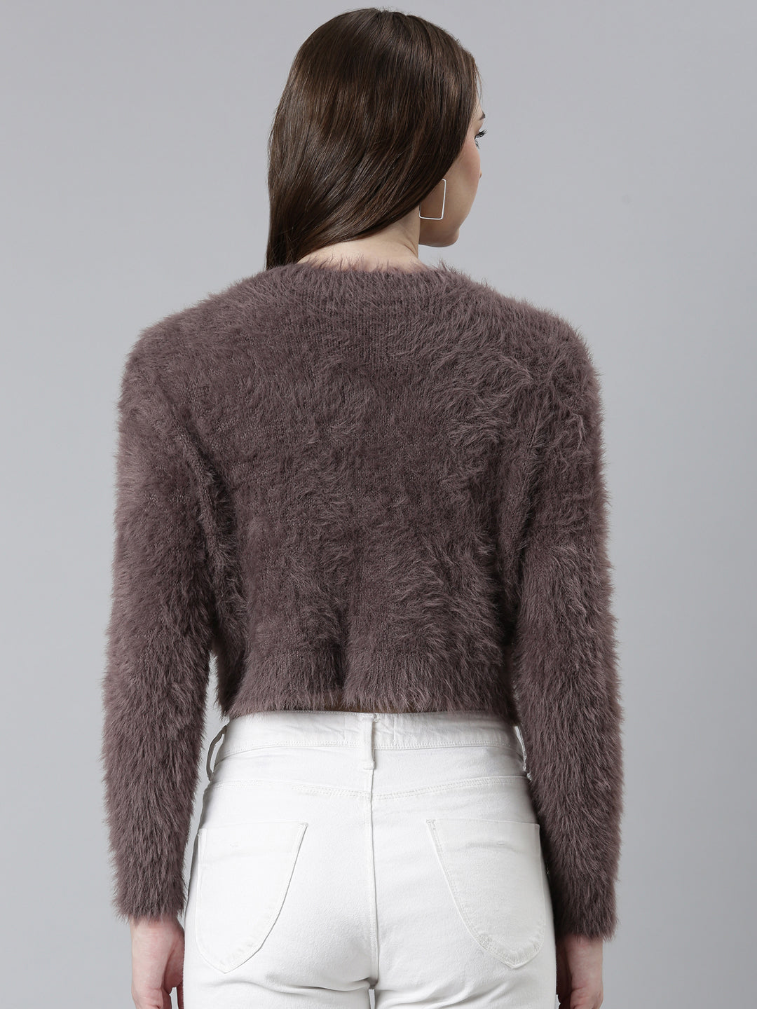 Women Taupe Solid Crop Cardigan