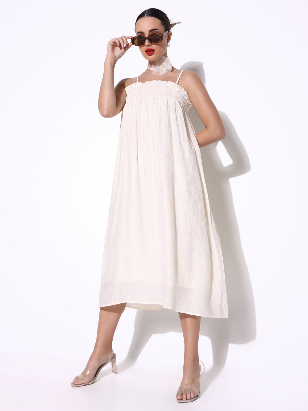 Women Solid Cream A Line Dress with Flower Bow