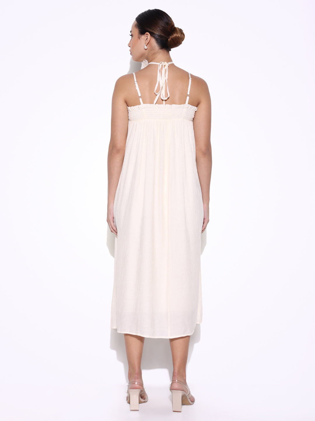 Women Solid Cream A Line Dress with Flower Bow