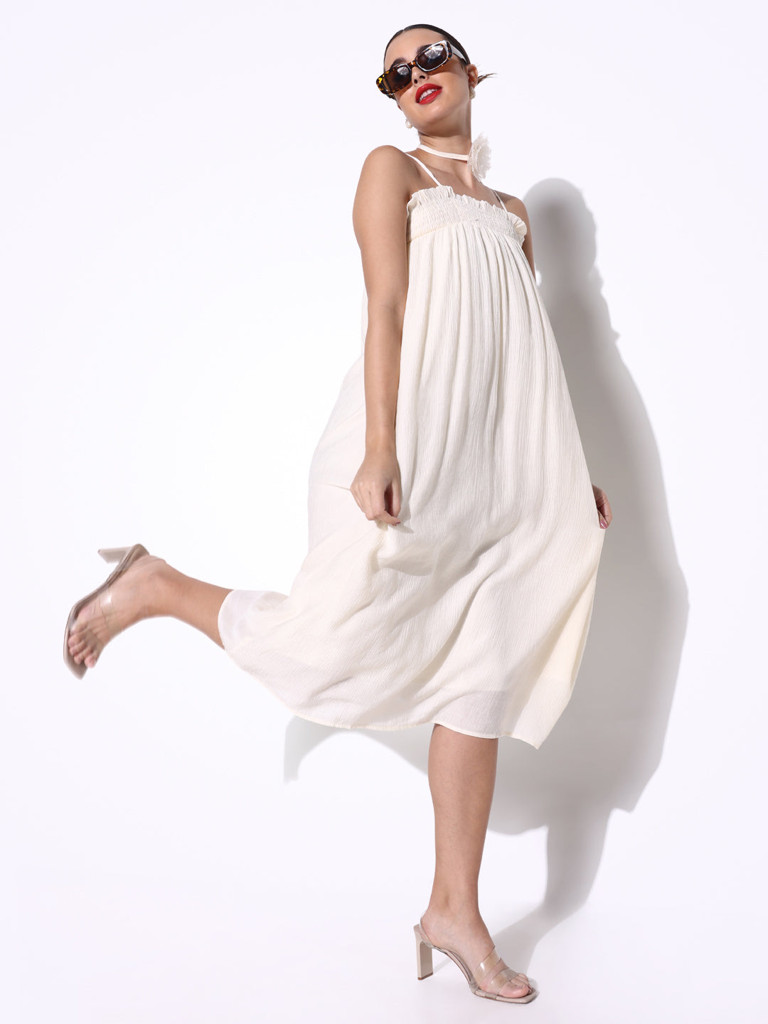 Women Solid Cream A Line Dress with Flower Bow