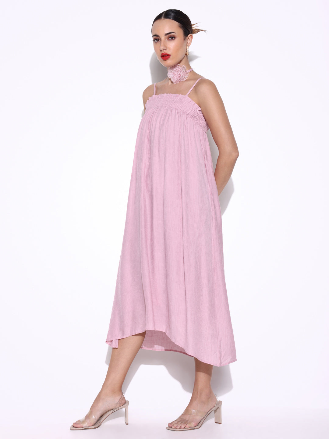 Women Solid Pink A Line Dress with Flower Bow