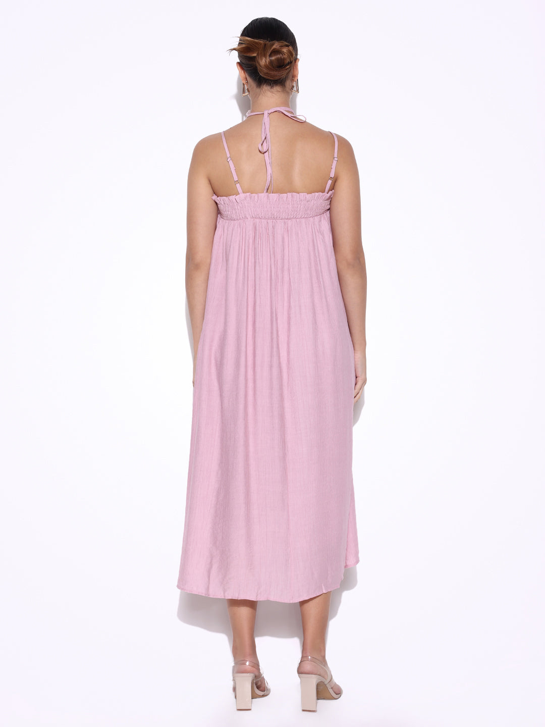 Women Solid Pink A Line Dress with Flower Bow