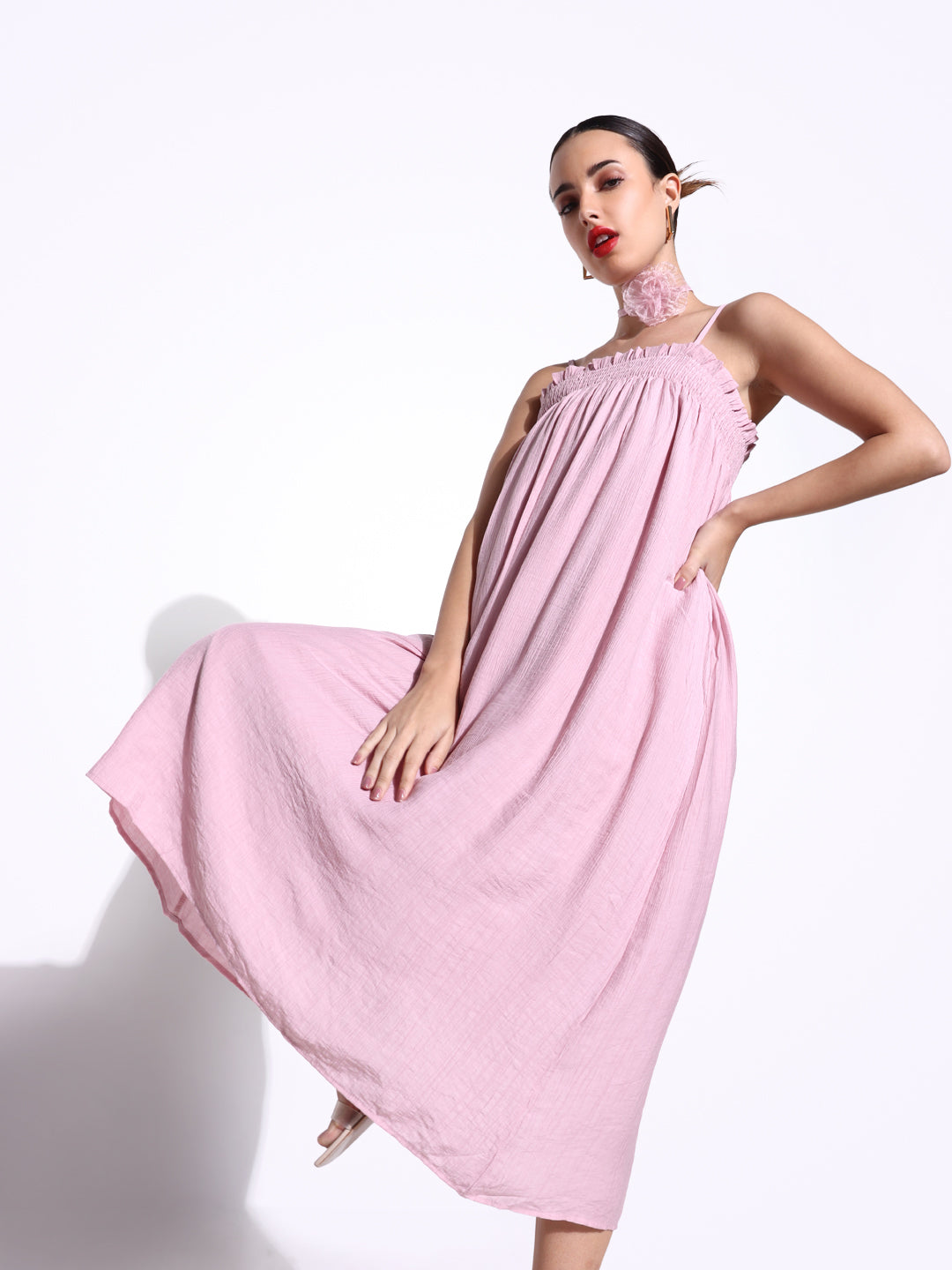 Women Solid Pink A Line Dress with Flower Bow